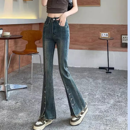 Cement gray frayed micro-blazer jeans women's fashion all-match new split-breasted design horn horseshoe pants