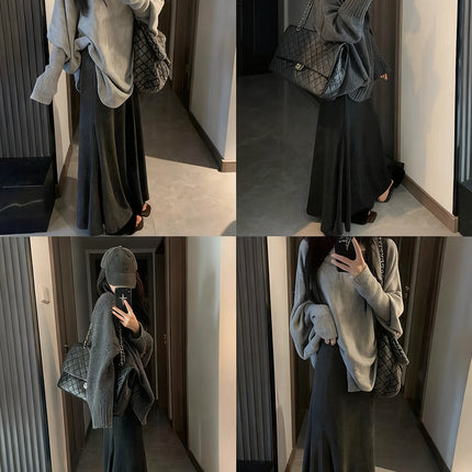 Gray Fishtail Skirt for Women, Autumn and Winter Long Skirt, Versatile Elegant, A-Line Hip-Covering Slimming Look Knitted Skirt, Mid-Length Skirt