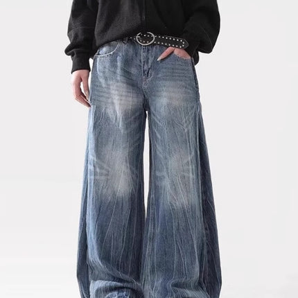 American High Street Vibe Lightning Crack Blue Jeans for Men and Women Trendy Straight Wide-Leg Pants Cross-Border Hot Style