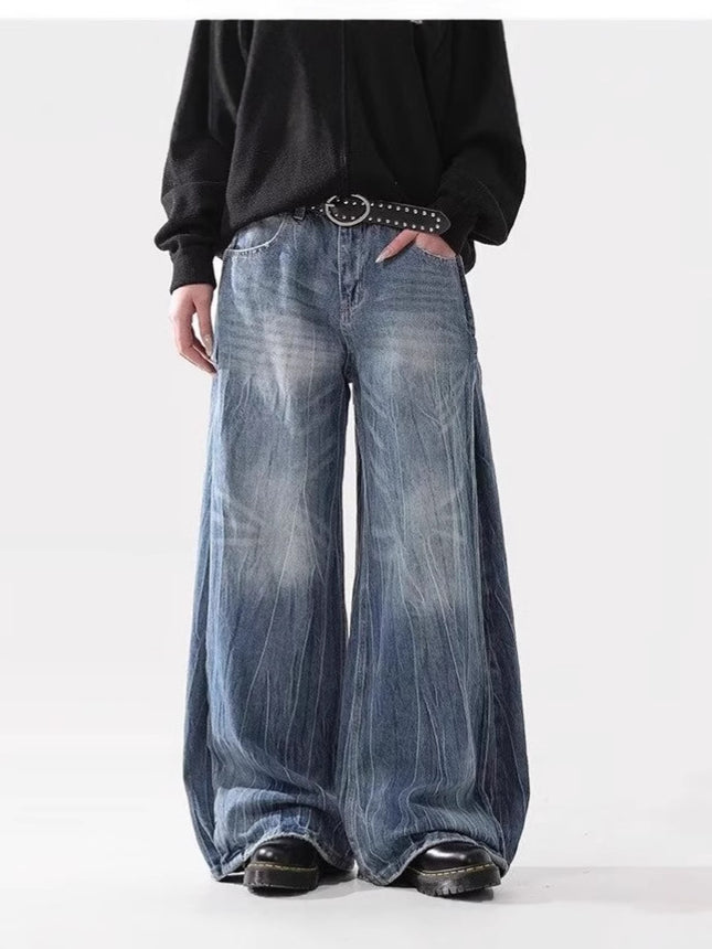 American High Street Vibe Lightning Crack Blue Jeans for Men and Women Trendy Straight Wide-Leg Pants Cross-Border Hot Style