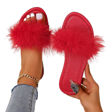 Artificial PU material can be worn flat sandals and slippers women's logo round head red fluffy viscose shoes