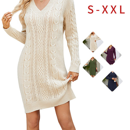 Cross-border European and American women's V-neck sweater dress 2023 autumn and winter twisted knitted dress elegant long sweater dress for women