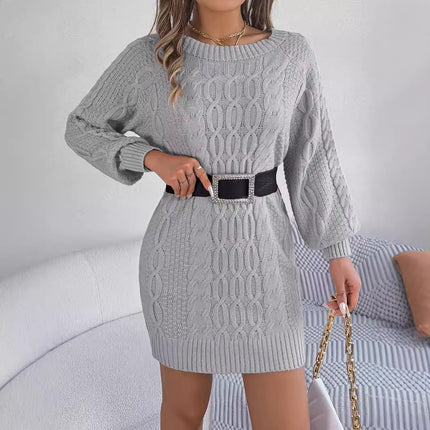 Clearance Sale Real Photos 2024 Autumn/Winter Solid Color Twist Lantern Sleeve Straight Sweater Dress Independent Cross-Border European and American Women's Fashion