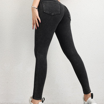 High Stretch Imitation Denim Yoga Pants Sports Fitness Pants Women's High Waist Tight Waist Hip Pants Running Exercise Outer Wear