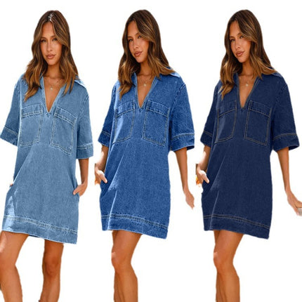 2023 Independent Station Amazon Cross-Border New Product European and American Style Lapel Short-Sleeved Loose Denim Dress 3223