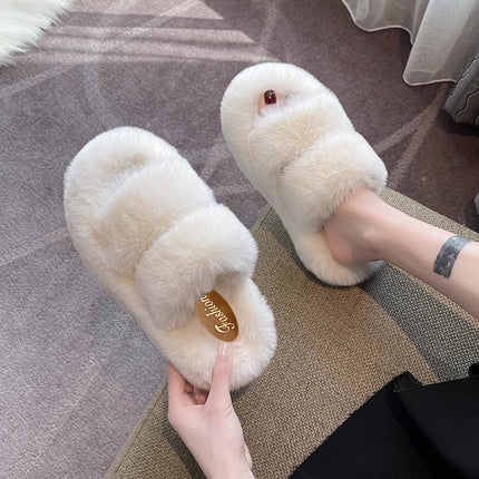 2025 Spring and Autumn New Style Small Platform Thick-Soled Height-Increasing Plush Fluffy Cotton Slippers for Women to Wear Outside and Home