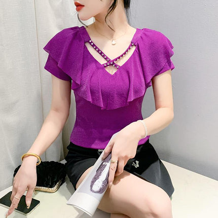 Real Shot Summer New Style Mesh Short Sleeve Chic V-Neck Cross Hollow Nail Drill plus size Women's Fashion Western Style Top T