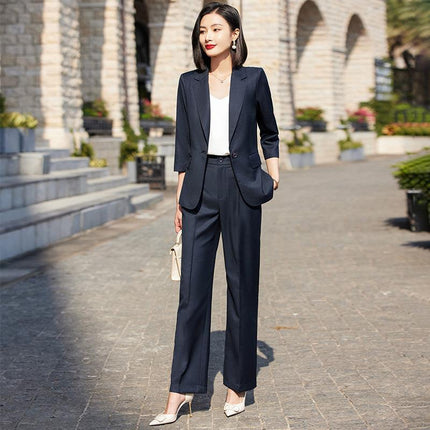 Green Wide-leg Pants Suit suit Women's Summer Thin 2023 High-end New Elegant Casual Cropped Sleeve Small Suit