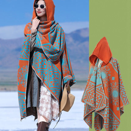 Ethnic Style Hooded Cape Shawl for Women, Fashionable and Stylish Thickened Version, Warm Outerwear for Travel and Photography Scarf