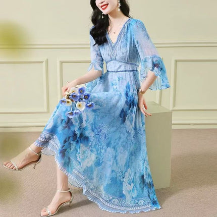zyfs3903 Light Mature Elegant and Elegant Slim Long Dress 2025 Summer New French Vacation Floral dress