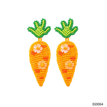 Easter Retro Style Creative Accessories Carrot Earrings High-End Green Leaf Rice Beads Sequin Hand-Woven Earrings