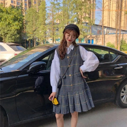 2024 suit Fall/Winter New Academic Style Plaid Design Sense Slim Age-reducing Pleated dress Top Shirt