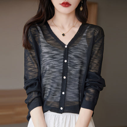 Slub Knitted Cardigan Women's Thin Ice Silk Linen Jacket Summer New Loose Outer Shawl Air-conditioning Shirt for Women