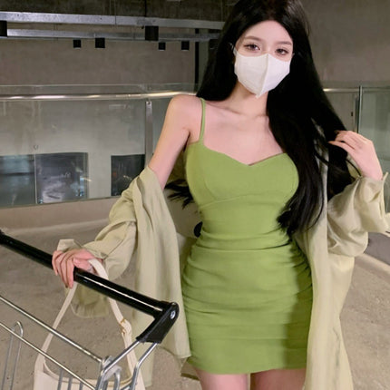 French Style Fresh Green Sling dress Women's Summer Figure-looking Mori Style Slim-fit Sexy High-end Hip Skirt