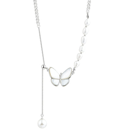 Direct selling Pearl Butterfly Necklace Women's Light Luxury Niche Design Stitching Strange Pearl Clavicle Chain Necklace Chain Woolen Chain