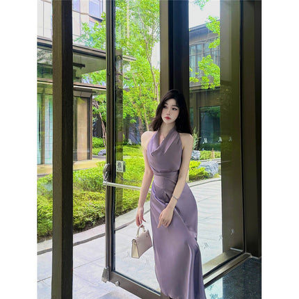 Foreign Trade Women's Clothing Real Shot Summer Elegant Light Purple Swing Collar Halter Design Satin Waist Irregular Two-Wear Straps