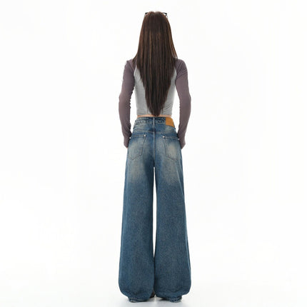 American Retro Washed Distressed Wide-Leg Jeans for Women Summer New High-Waisted Loose Versatile Fashion Straight Pants