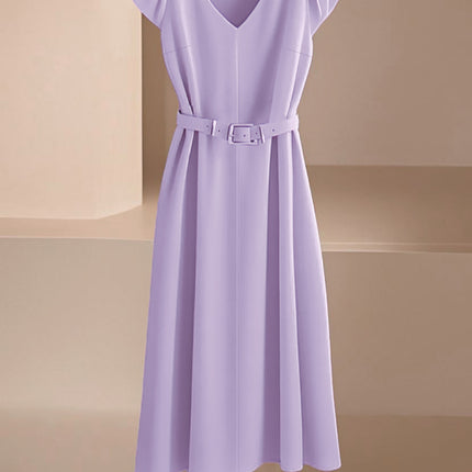 Amazon Spring and Summer New Skin-Friendly and Comfortable V-Neck Fashionable and Elegant Work Clothing Casual Pure Color Mid-Length Skirt & Without Belt