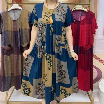 Cross-border Printing Women's New Plus Large Size Plus Size Fashionable Casual Square All-match Age-reducing Double-sided Large Board Pocket dress