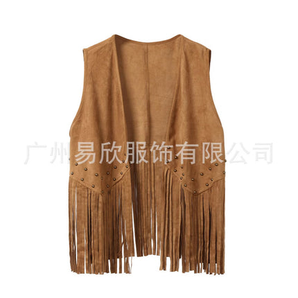 Fringed Vest Men's Imitation Suede Front Open Vintage Vest Sleeveless 70 s Bohemian West Jacket