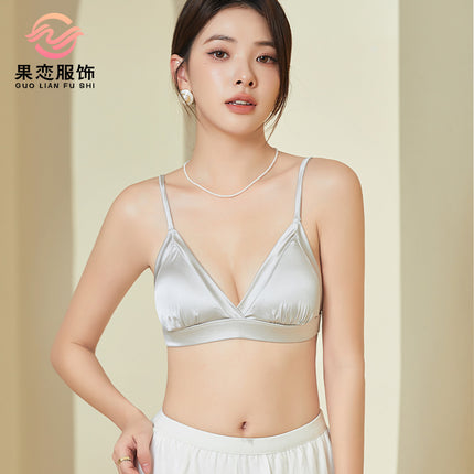 Guolan French Silk Satin Triangle Cup Bra Glosly Non-rimmed Thin Mulberry Silk Underwear
