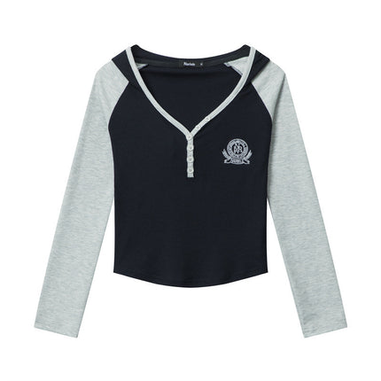 Heyhenry 2025 European and American Cotton Thread Embroidered Color-Block Hooded Crop Top Long-Sleeve T-Shirt for Women