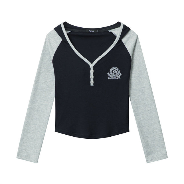 Heyhenry 2025 European and American Cotton Thread Embroidered Color-Block Hooded Crop Top Long-Sleeve T-Shirt for Women