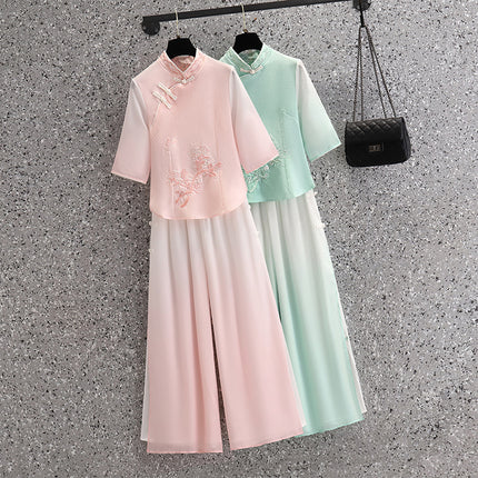 Vintage Chinese Top Set Large Size Chinese Style Seven-point Sleeve Cheongsam Peony Embroidered Gradient Pants Two-piece Set