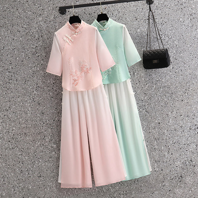 Vintage Chinese Top Set Large Size Chinese Style Seven-point Sleeve Cheongsam Peony Embroidered Gradient Pants Two-piece Set