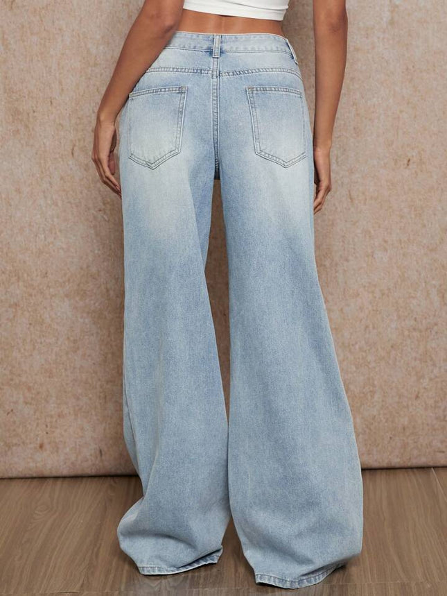 KEL American New Style Mop Jeans Women's Low Waist Wide Leg Pants Retro Washed Blue Slim Gods Pants Spring