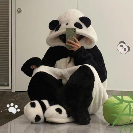 Panda Pajamas for Women, Autumn and Winter Coral Fleece Cartoon Couple Bathrobe, Long Home Wear, Thickened and Warm