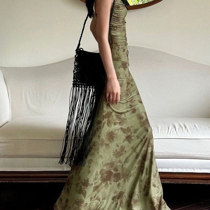 New Chinese Style Green Mesh Floral Suspender Dress Women's Summer Design High-End Elegant Waist-Covering Hip Fishtail Long Skirt