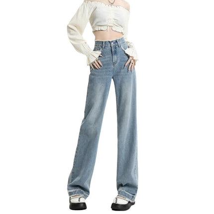 Light Color High Waist Straight Jeans Women's Trendy All-match New Fashionable Simple Loose Slim-fit Wide Leg Pants