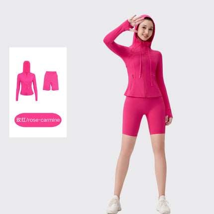 [in Stock] Ld Five-Piece Hooded Yoga Suit for Women, Fitness Yoga Set, High-Waisted, Barely-There Feel, Tight-Fitting Sportswear