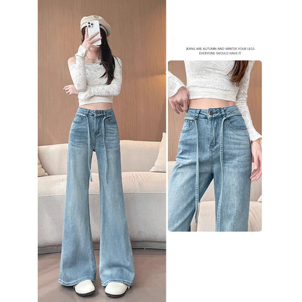 Drawstring Strap Non-Stick Leg Bootcut Jeans for Women 2025 New Summer Wear Loose Slimming Look Wide Legs for Small People