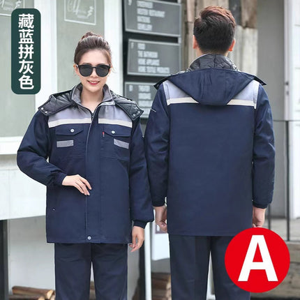 Winter Thickened Jacket, Mid-Length Workwear with Patchwork Shoulders, Cotton-Padded Jacket for Auto Repair, Construction Site, Factory, Cold Storage, and Warmth