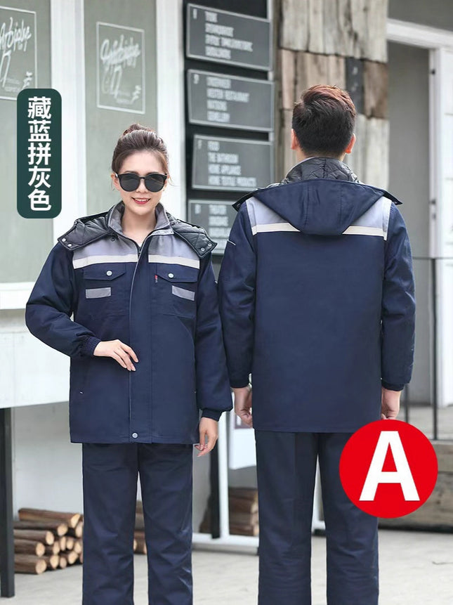 Winter Thickened Jacket, Mid-Length Workwear with Patchwork Shoulders, Cotton-Padded Jacket for Auto Repair, Construction Site, Factory, Cold Storage, and Warmth