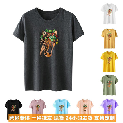 Amazon a generation of hair with green flowers horse head printed loose European and American printed ladies casual T-shirt women's jacket