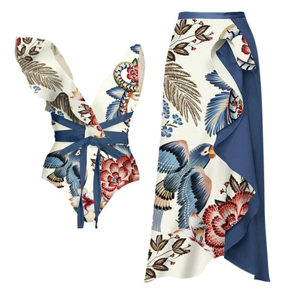 2024 European and American New Bikini Shoulder Ruffled Peco Peco Peco Print Split Swimsuit and Wrap Skirt suit