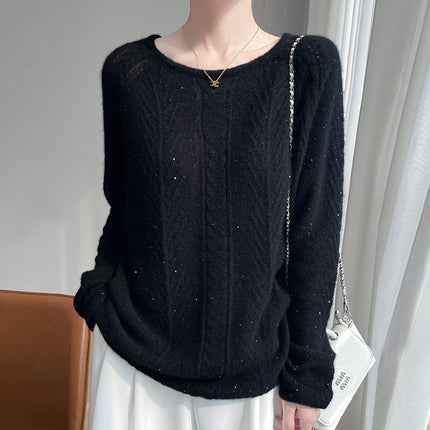 Silk Cashmere Series ~ 75% Cashmere 25% Mulberry Silk Round Neck Cable Beaded Pullover Knitwear Outer Knitwear