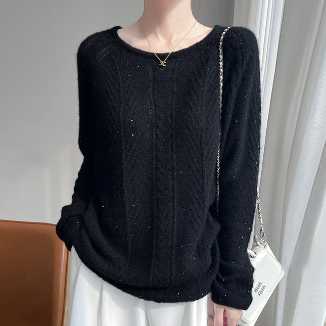 Silk Cashmere Series ~ 75% Cashmere 25% Mulberry Silk Round Neck Cable Beaded Pullover Knitwear Outer Knitwear