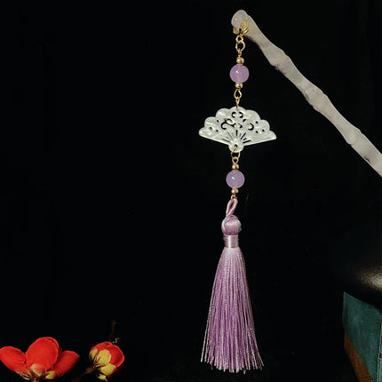 Purple Folding Fan Ink Painting Tassel Hair Hairpin Antique High-end Feeling Disc Hair Hairpin Step-up Women's Hanfu Hair Hairpin Headwear