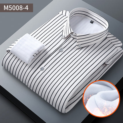 Winter New Elastic Warm One-piece Velvet Casual Men's Shirt Business Cold-proof fleece-lined Striped Shirt for Middle-aged and Elderly