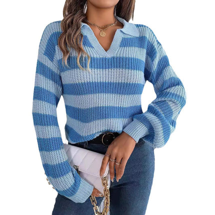Clearance Sale: Autumn/Winter Casual Turn-Down Collar Color-Block Striped Long-Sleeve Knitted Pullover Sweater - Amazon Cross-Border Women's Fashion