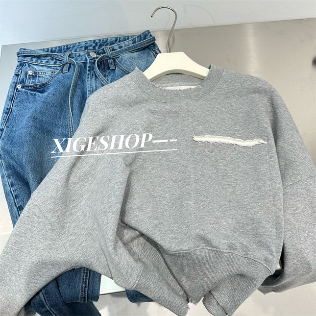 Gray ripped zipper pocket round neck sweater loose curved knife wide leg sports pants trousers casual fashion suit spring