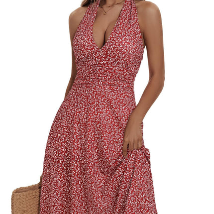 Dress 2025 Cross-Border Urban Fashion Sleeveless Halter Bohemian Dress Floral Pocket Elastic Waist Pleats