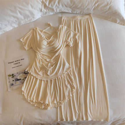 Girls' Pajamas Modal Cotton Short-Sleeved Shorts Summer Lace Women's Three-Piece Casual Home Wear Set with Breast Pads