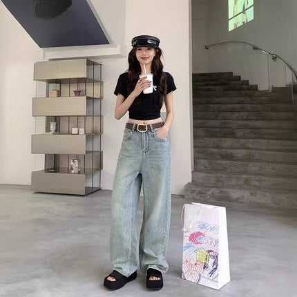 2024 New Spring wash blue loose leg leisure straight Denim mop trousers female