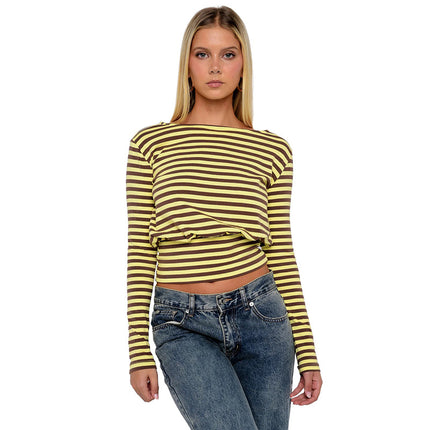 Q25Tp293 European and American Export Women's Autumn and Winter New Casual Fashion Stripesd Stylish Simple Long-Sleeved Waist Top