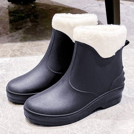 Cross-border New High Rain Shoes Women's Online Popular Fashion Water Boots Solid Color Waterproof Non-slip Warm Outer Wear fleece-lined Warm Boots